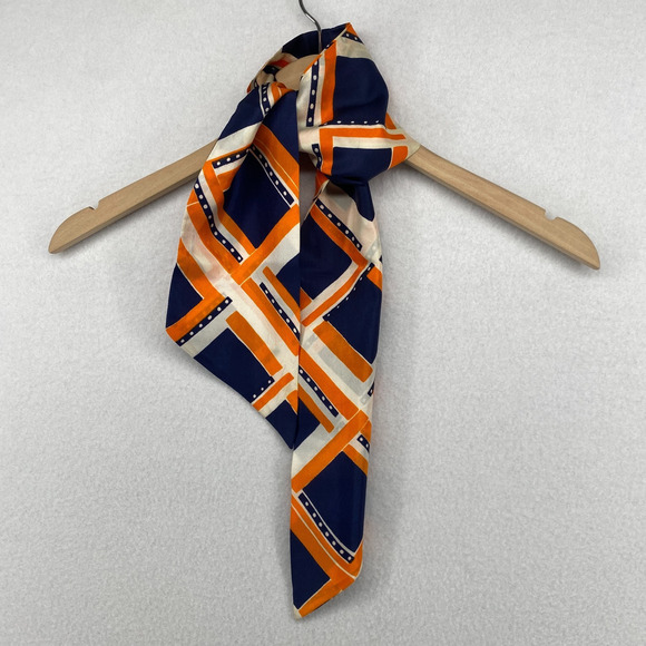Vintage Scarf Womens Satin Sash Check Skinny Rectangle Orange Blue 4" x 42" - Picture 1 of 7